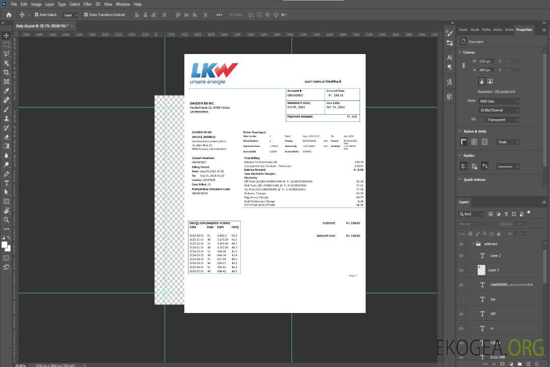 Modèle de facture de services publics d'électricité du Liechtenstein Ische Kraftwerke (LKW) aux formats Word et PDF template
